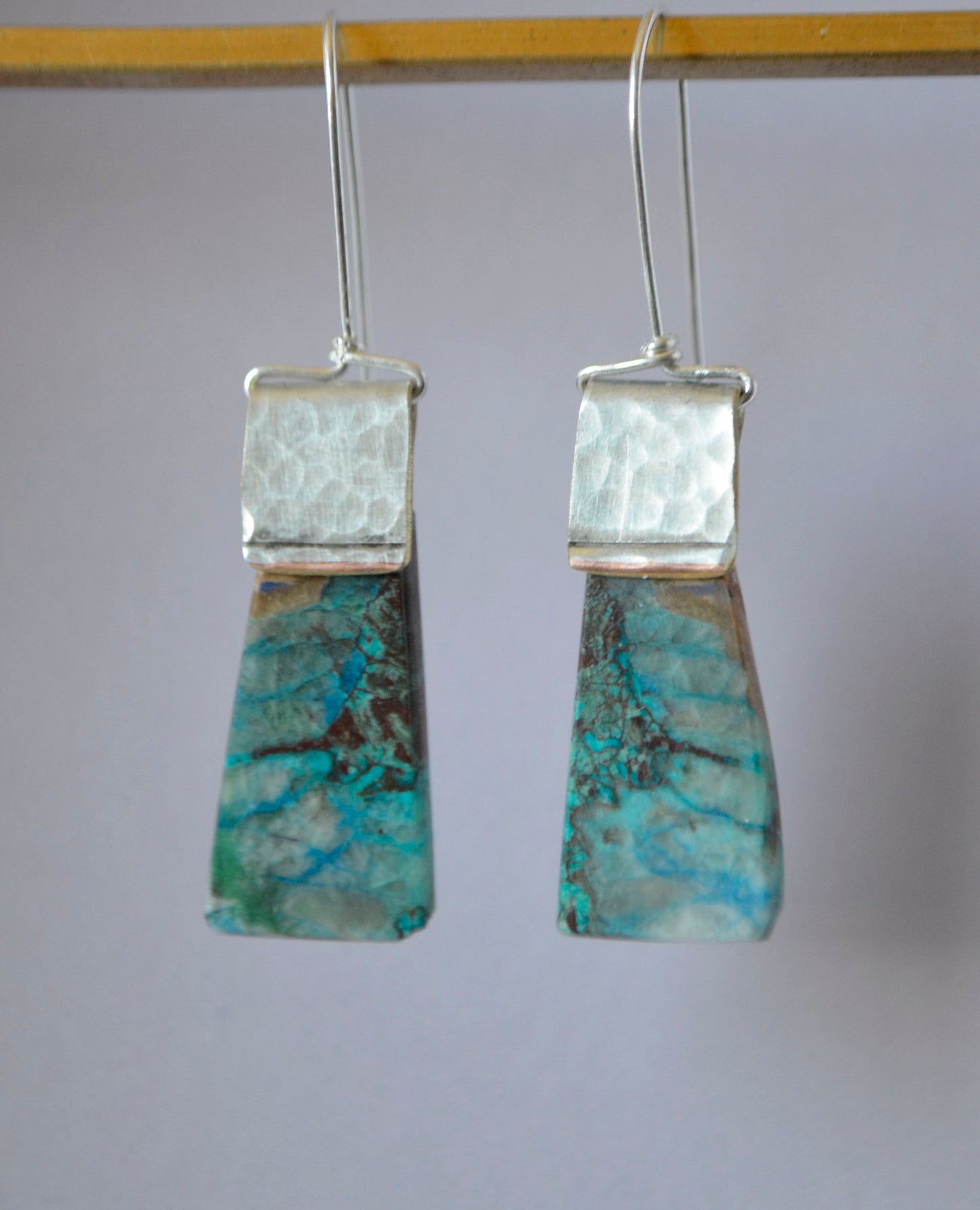 Chrysocolla Stone Triangles on Hammered Silver Plate Edging (recycled) with Sterling Silver Wires