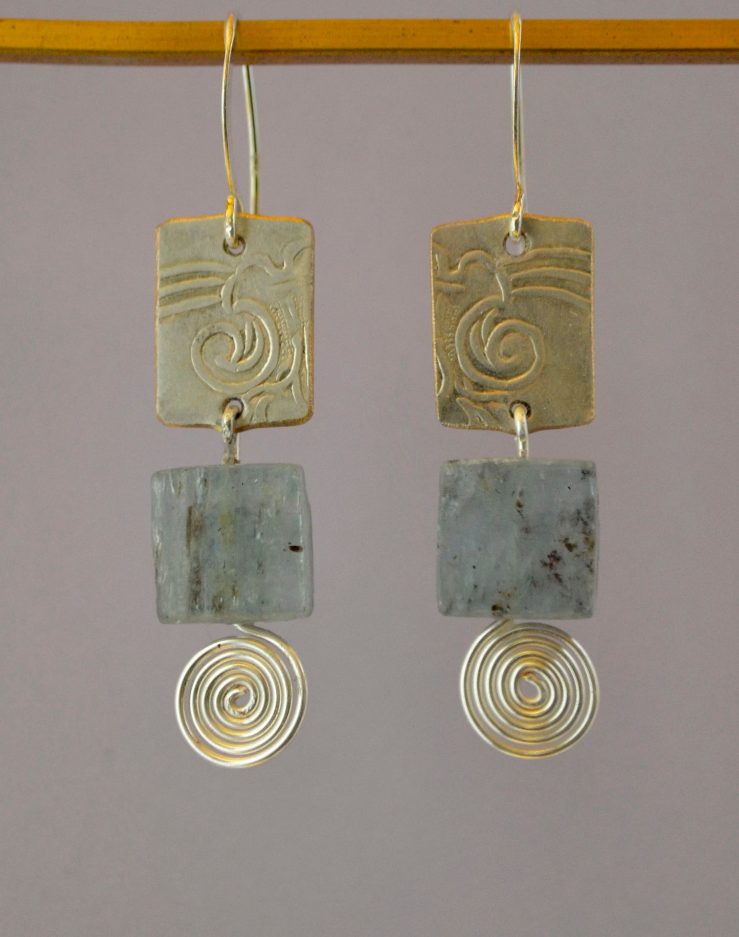 Sage Square Kyanite on Embossed Silver Plate (recycled) with Silver Spirals on Sterling Silver Wires