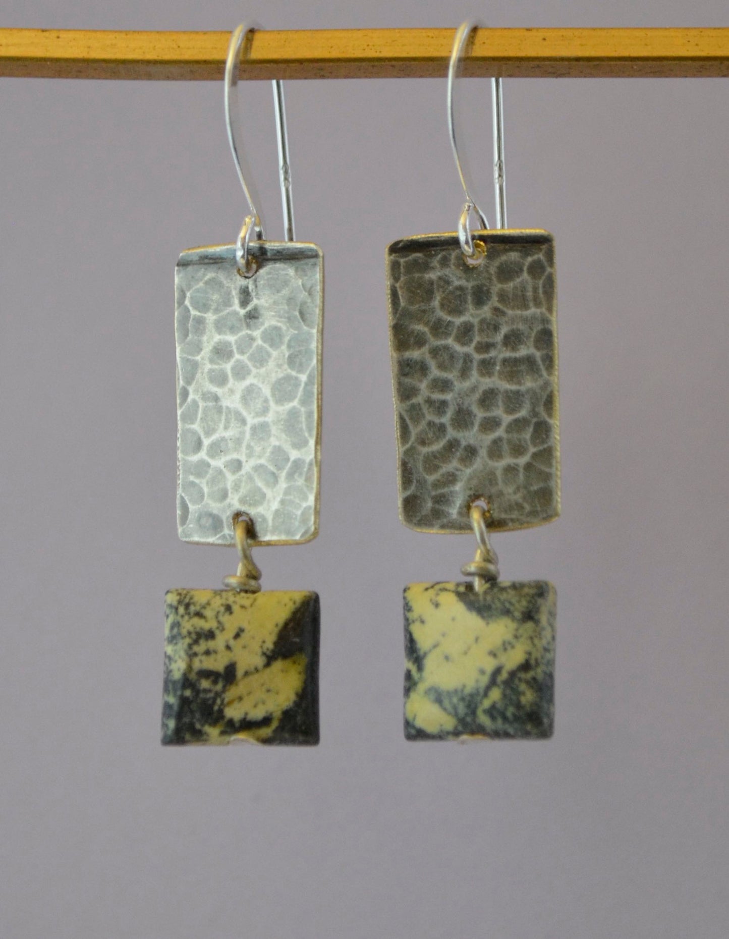 Yellow Square African Turquoise on Hammered Silver Plate Edging with Oxidized patina with Sterling Silver Wires