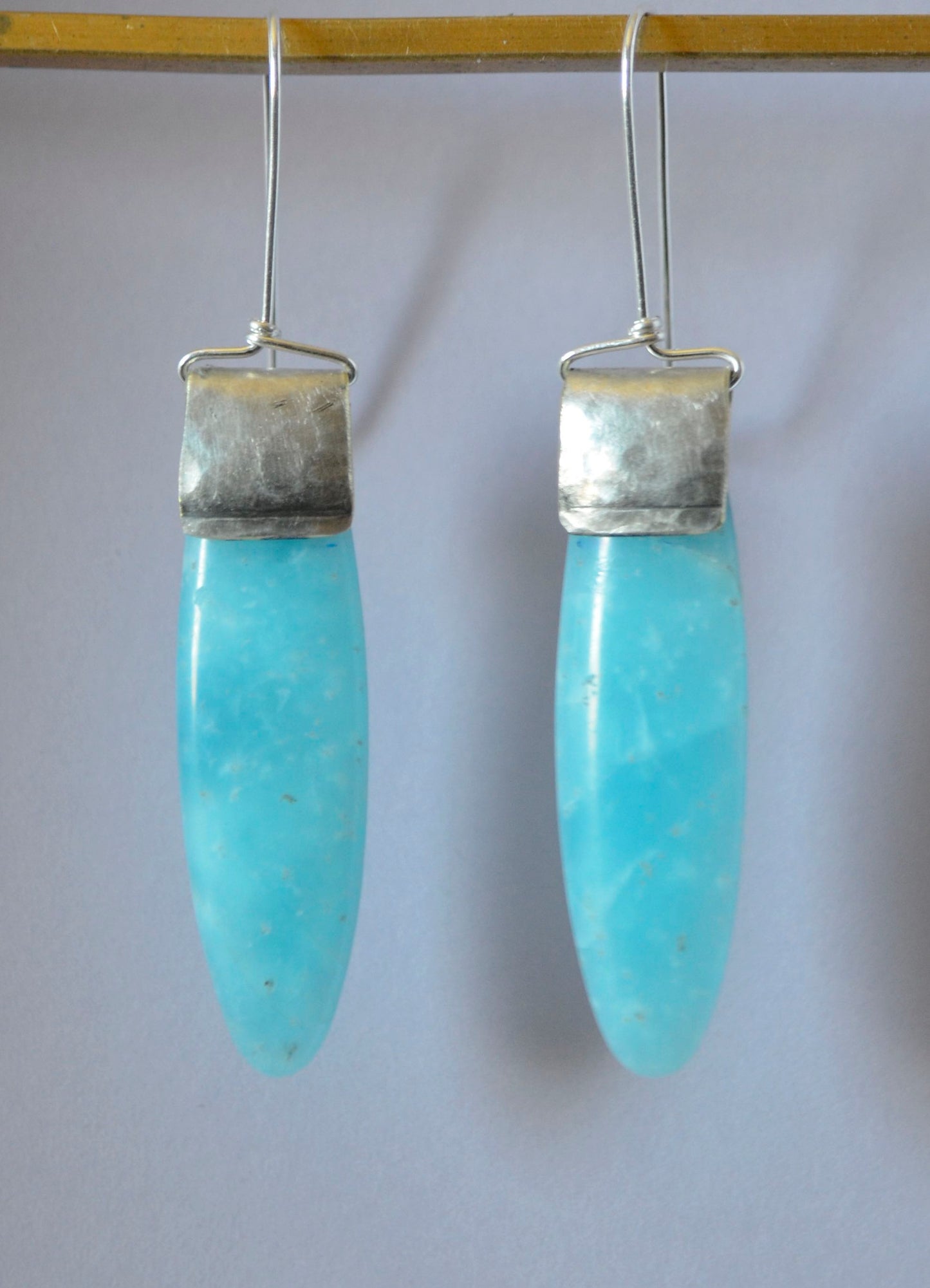 Aqua Dyed Jade Stones on Hammered Silver Plate Edging with Stirling Silver Wire