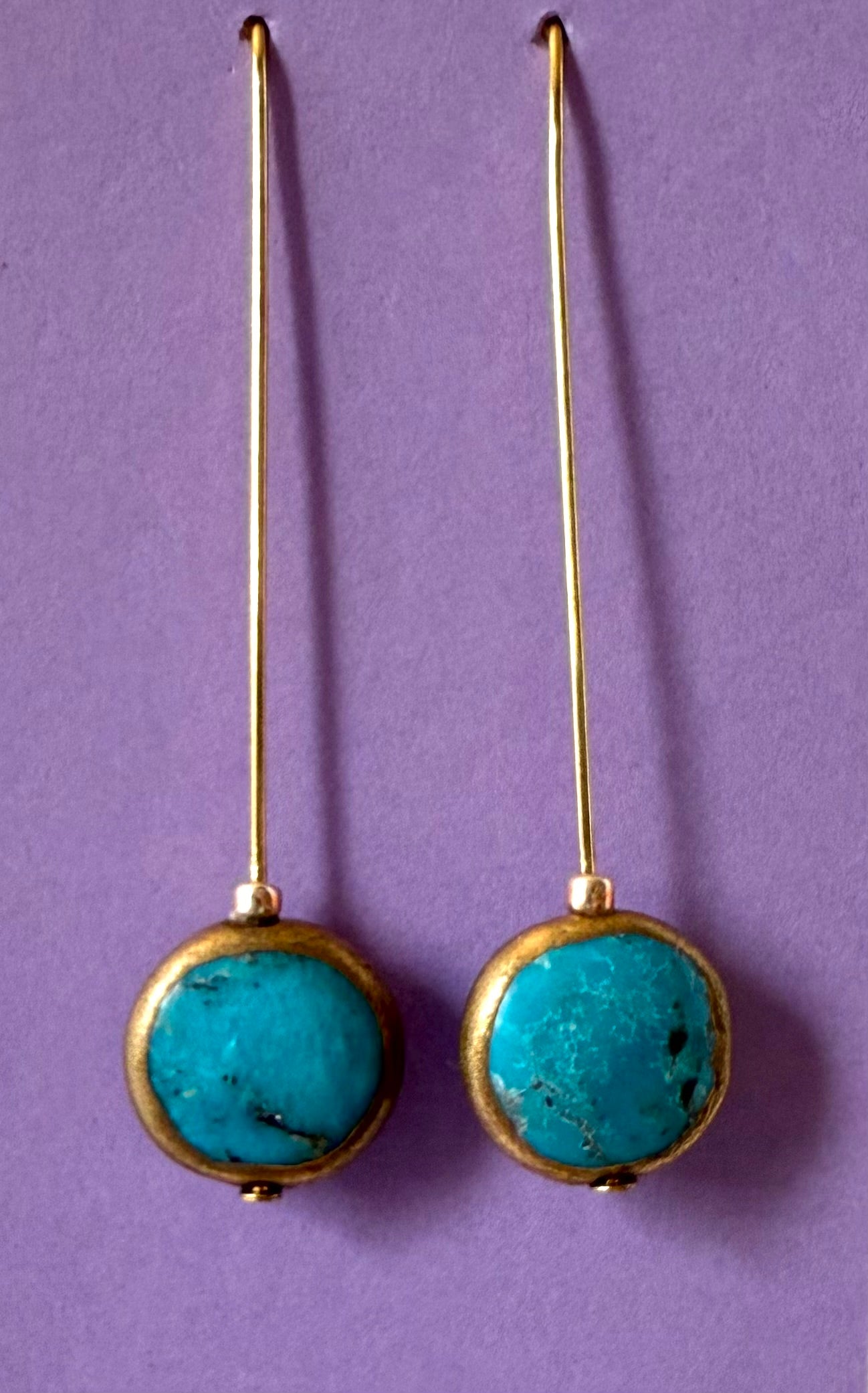 Turquoise Pillow Stone with Copper Gold Edging Earrings Extra Long Wires