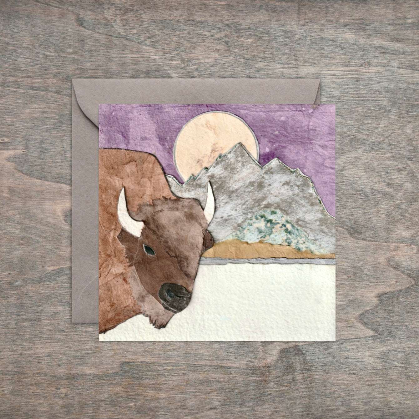 " Teton Purple Moonset Bison " Paper Collage Art