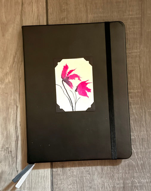Lined Journal- Black Leather Look, Two Asian Flowers
