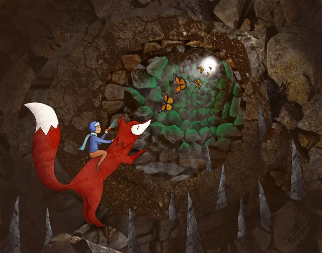 Print of an original digital art painting Boy holding a flashlight and riding a red fox Butterflies shine bright in the light