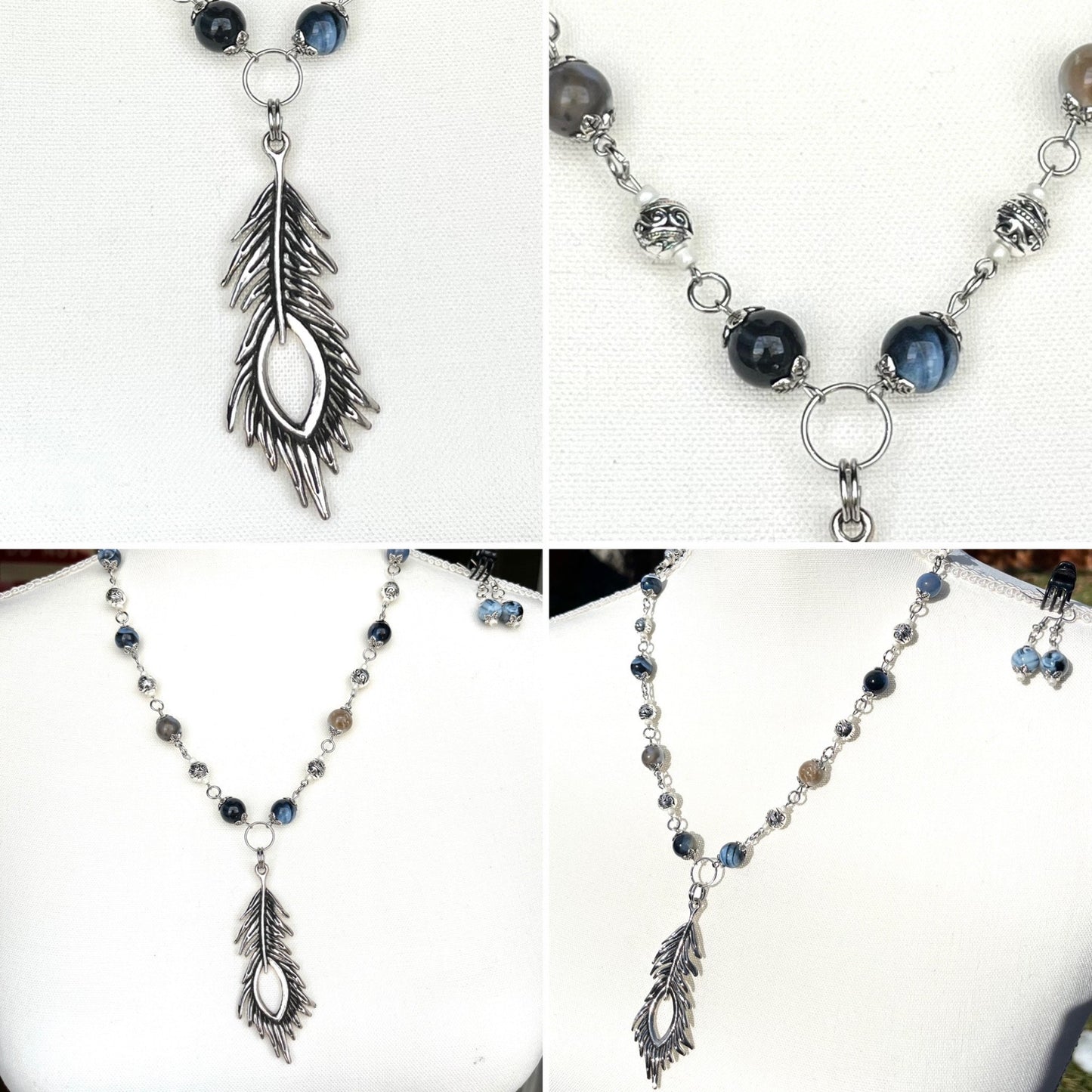 " Blue Agate and Silver, Feather Pendant " Necklace And Earring Set