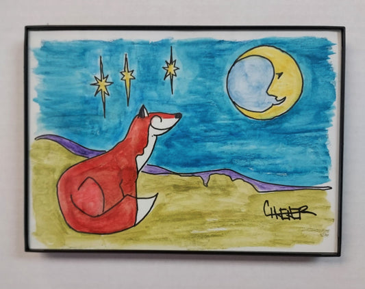 " Fox and Moon " Framed Original Watercolor and Ink Artist: Celeste Havener Original watercolor and ink drawing  Fox looking up to the moon  Three bright stars in the sky with purple mountains in the background  Framed in sleek black plastic frame  Can be hung on a wall or use the frames easel back to set on a table  Would make a great wedding or anniversary gift  7" long x 5" high x 1/2" deep