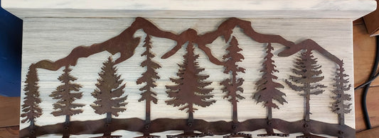 Metal Mountains and Trees with Wood Shelf Coat Rack