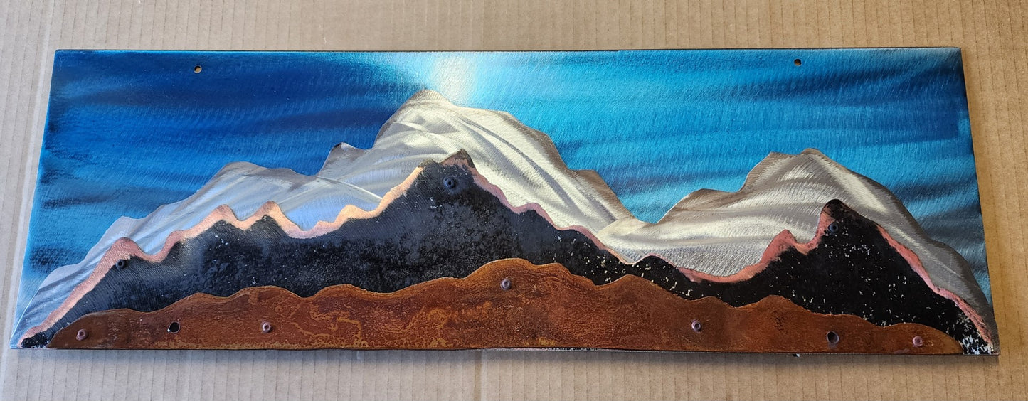 Layered Metal Mountains with Blue Sky Backer