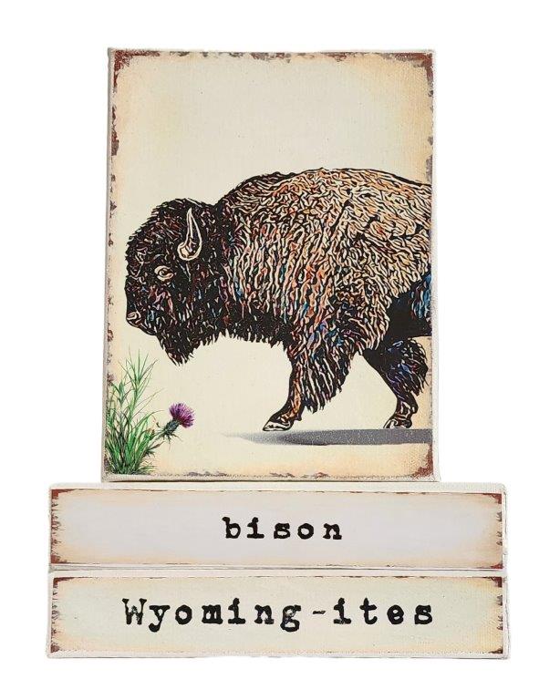 " Bison Wyoming-ites" Canvas Print Artist: Catherine Holt Print on canvas with wooden framework Copy from artists original artwork The Bison is Wyoming's state mammal and on the Wyoming Flag Bison in Yellowstone, draw a huge crowd! The Indian Paintbrush in the lower left ,is Wyoming's State Flower. Colorful bison with thistle in lower left Bison label on one side and Wyoming-ites label on the other Edge is painted brown 6" long x 8" high x 1 1/2" wide Signed by the artist