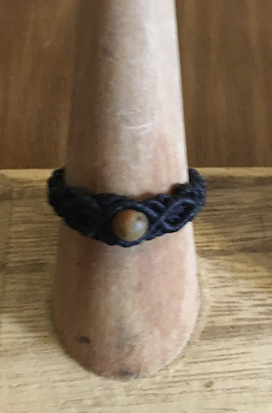 Picasso Jasper Macrame Knotwork Ring Artist: Erin Abraham  Size 10 Ring   * please note size is approximate  Lightweight knotwork ring with a Picasso Jasper stone  Made with black nylon cord for durability and comfort  Hand made by the artist  One-of-a-kind and will never be duplicated