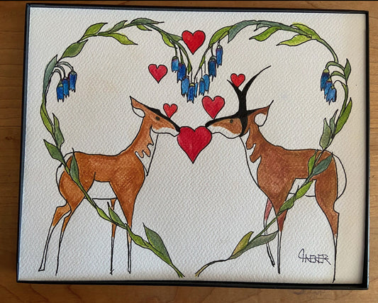 Original watercolor and ink drawing  Buck and doe Pronghorn standing nose to nose  Hearts floating between and above them  Harebells flower wreath in the shape of a heart surrounds the two pronghorn  Framed in sleek black plastic frame