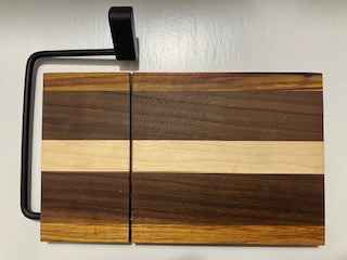 Handcrafted hardwood board with metal hardware  Each board contains Canarywood, Maple, and Walnut wood  Treated with food-grade oil to help preserve the wood