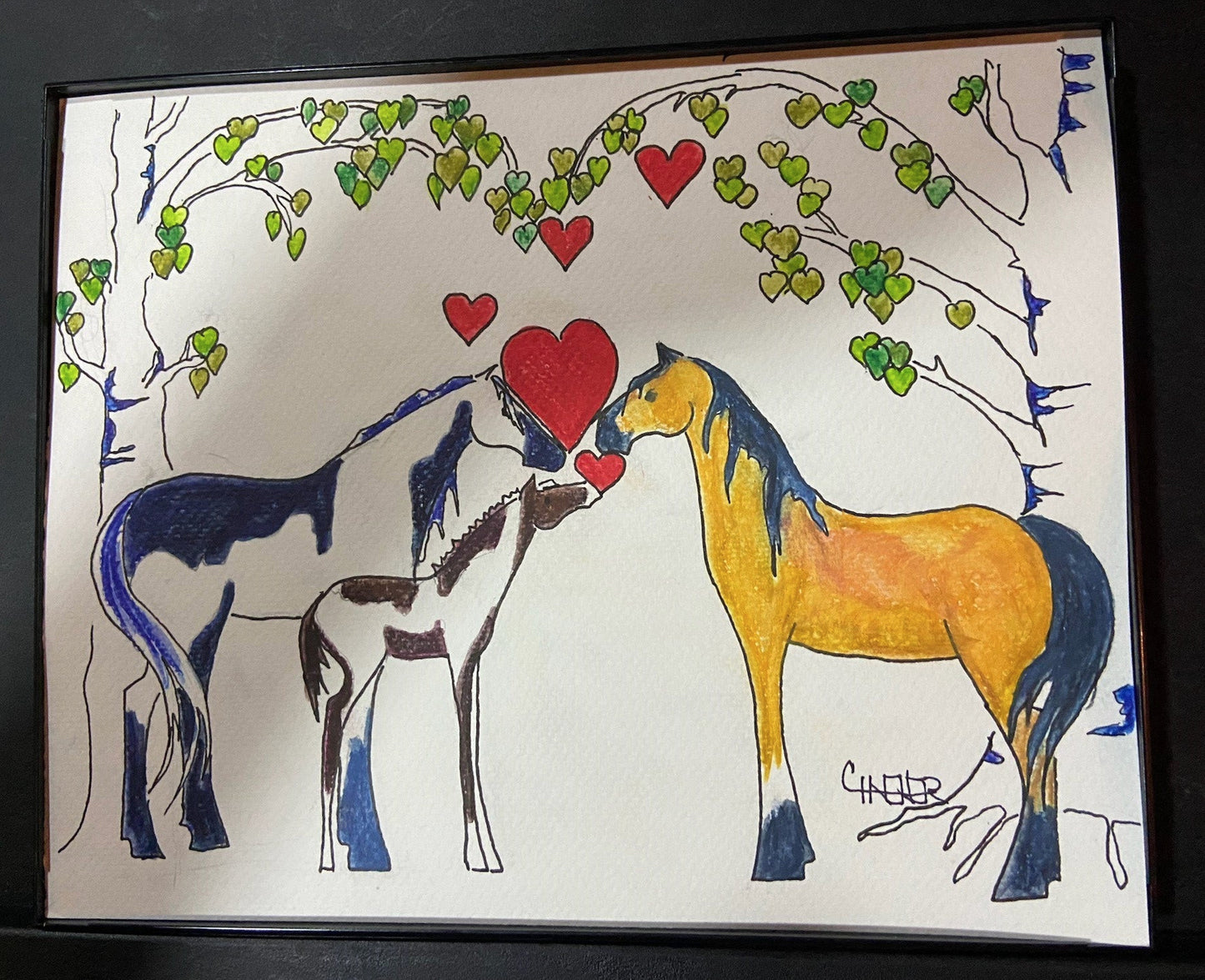 Watercolor and ink drawing of 3 horses. Hearts float between them. All are standing under and aspen tree. Leaves of the tree are hearts.