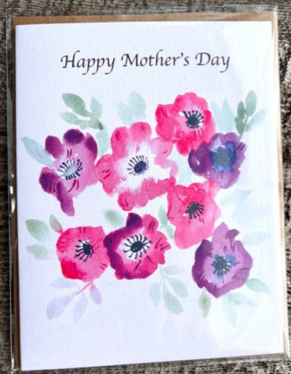 <h1>" Happy Mother's Day " Greeting Card Pack<br></h1> <h2>Photographer: Lisa Edwards</h2> <p>Happy Mothers Day with bright pink and  purple flowers</p> <p>Watercolor painting printed onto a greeting card</p> <p>Blank Card</p> <p>Kraft envelope included</p> <p>Four Cards and envelopes  in each pack</p> <p> 5 1/2" long x 4 1/4" wide</p>