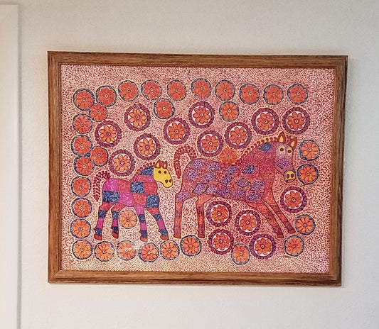 " Mare and Foal "  Framed Peruvian Style Fiber Art