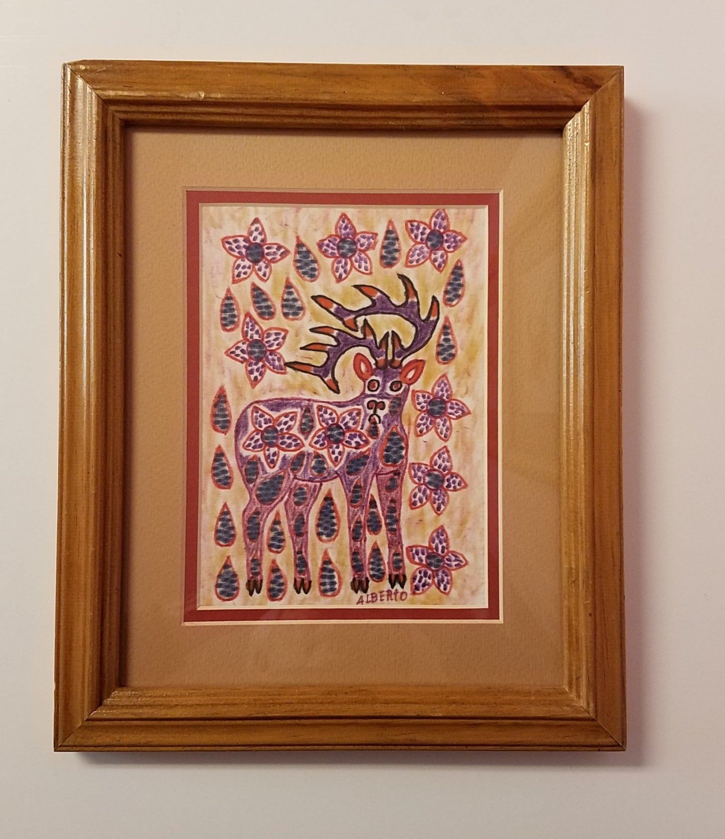 Framed Peruvian Style Fiber Art " Elk "