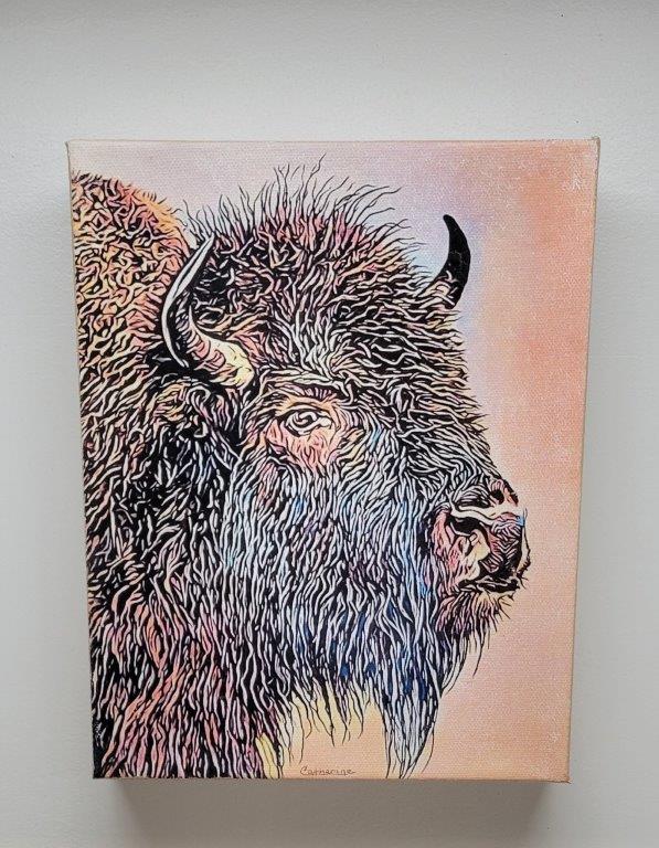"Bison Portrait " Gallery Wrap Canvas Print Artist: Catherine Holt Portrait of Wyoming's majestic bison Gallery wrap canvas print Hand printed by Artist Signed From the Artist's original painting 8" long x 10" high canvas painting Free standing o Eye bolt on back for the wire of your choice for hanging The wildness of the bison would look great in a cabin, den or other gathering place