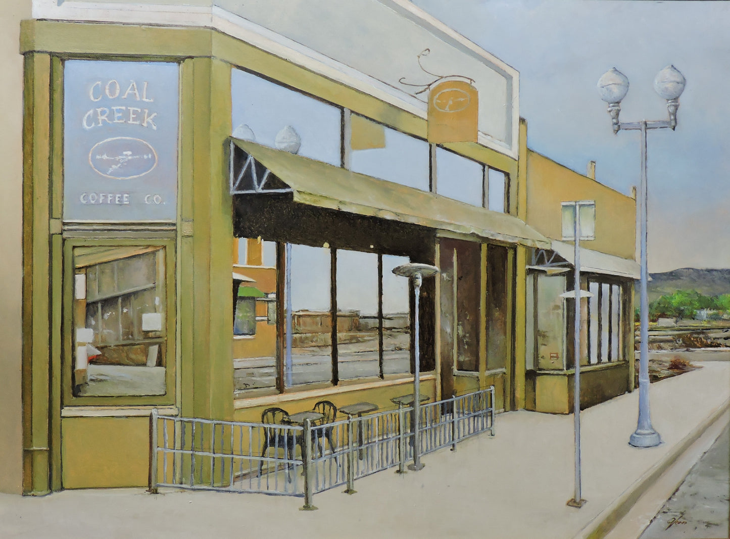 Coal Creek Reflections Artist: Jerry Glass  Original Oil Painting  Framed, dark brown / black wood color  Scene of Coal Creek Coffee Shop  Grand Avenue  23" x 18" the unframed  painting