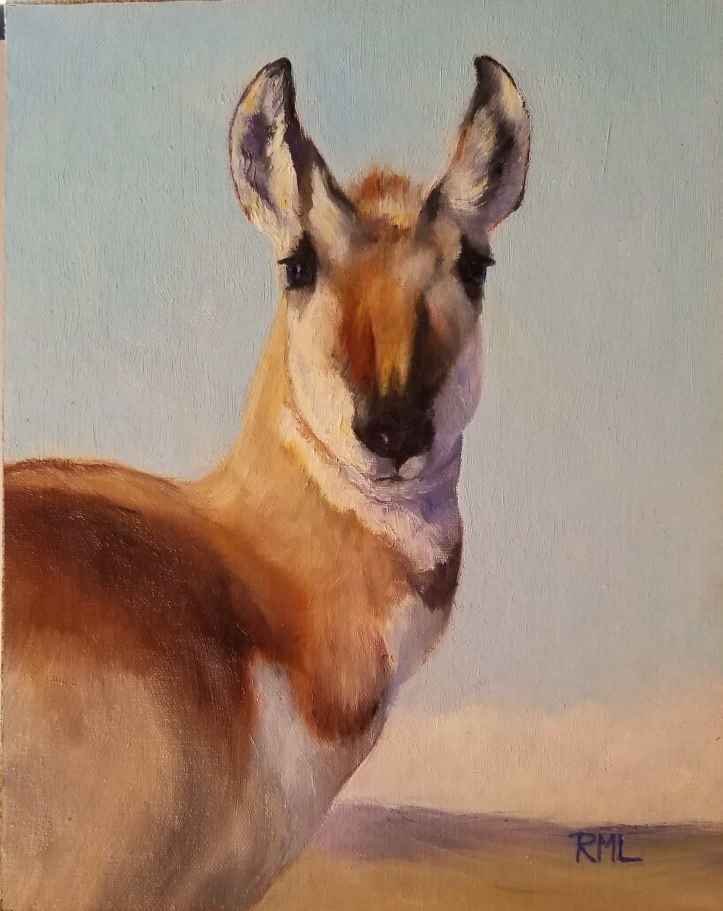 " Curious Doe " Pronghorn Doe Painting Artist: Renee Laegreid Choose From: Original Framed oil painting 7.5" long x 9.5" high oil painting on canvas board Framed in a dark brown wooden frame 8.5" long x 10.5" high x 3/4" wide as framed D-ring and wire attached to the back for hanging Please note the blue of the sky in the original painting is a much brighter blue then shows in the photo 5" x 7" Blank Greeting Card with envelope Artist's information and photograph are on the back of each card