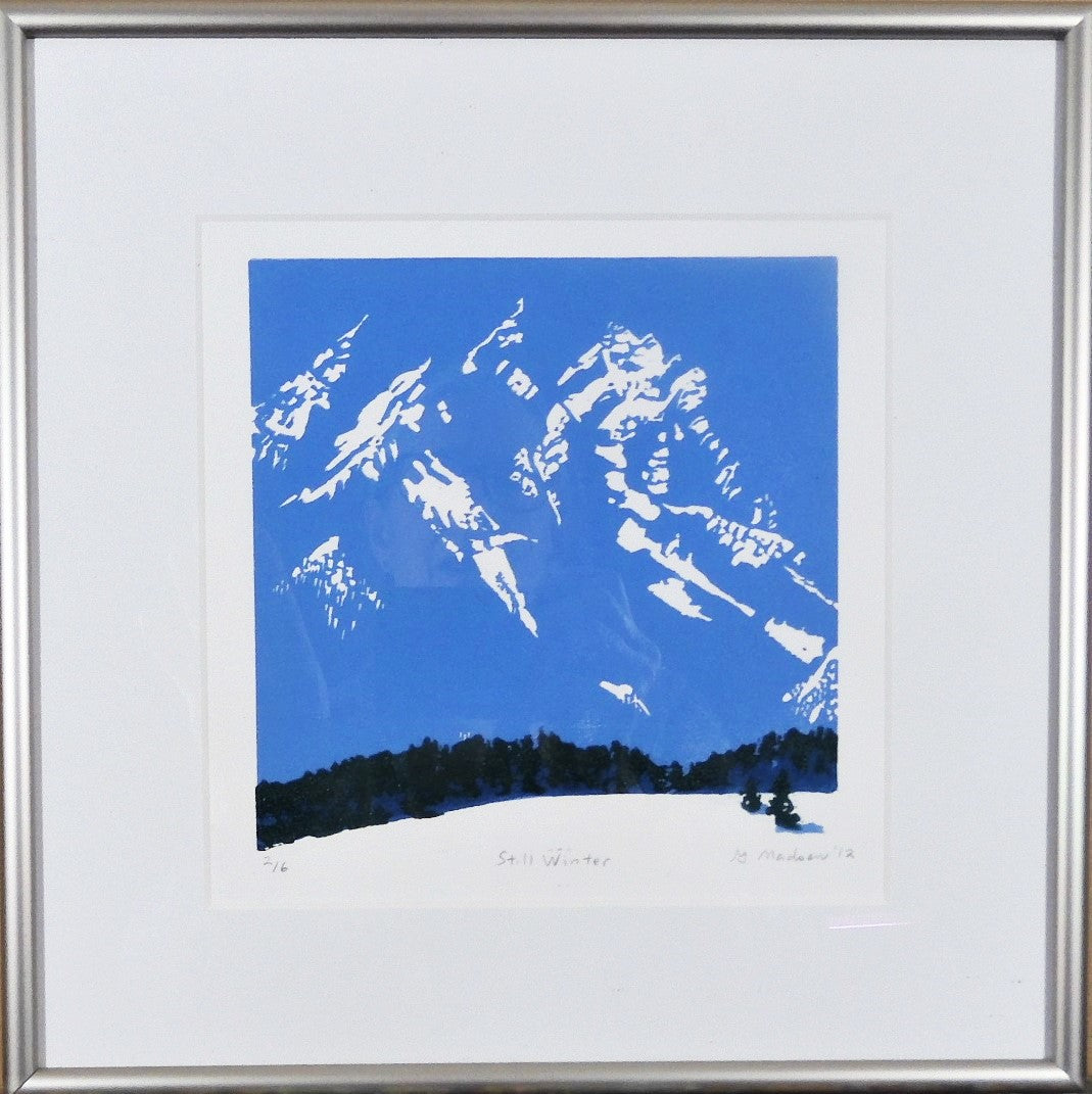 " Still Winter " Framed Original Relief Print Artist: Ginnie Madsen Original Relief Print Framed Matted Wire hanger 11" x 11" Wyoming's Grand Tetons in winter Snow in the foreground