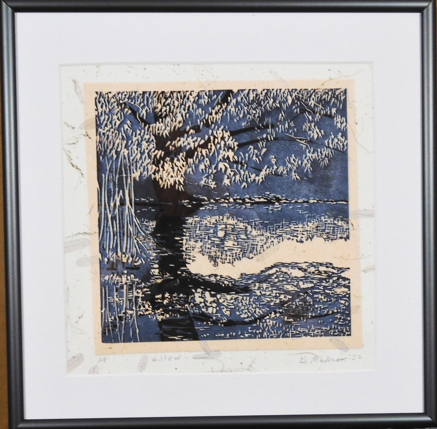 " Willow" and it's Reflection Relief Print Artist: Ginny Madsen Willow 2022 print Willow - This image is based on a willow tree near a pond. I thought the print looked like a Fall scene I printed it on a textured paper that included leaves. 6" x 6" x 1 .5" Relief print Matted 10" x 10" approximate framed size Metal Frame
