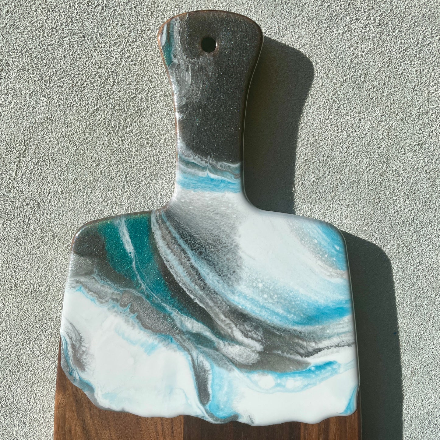 Artisan Walnut Cutting Board with Teal and Gray Resin Art Handle