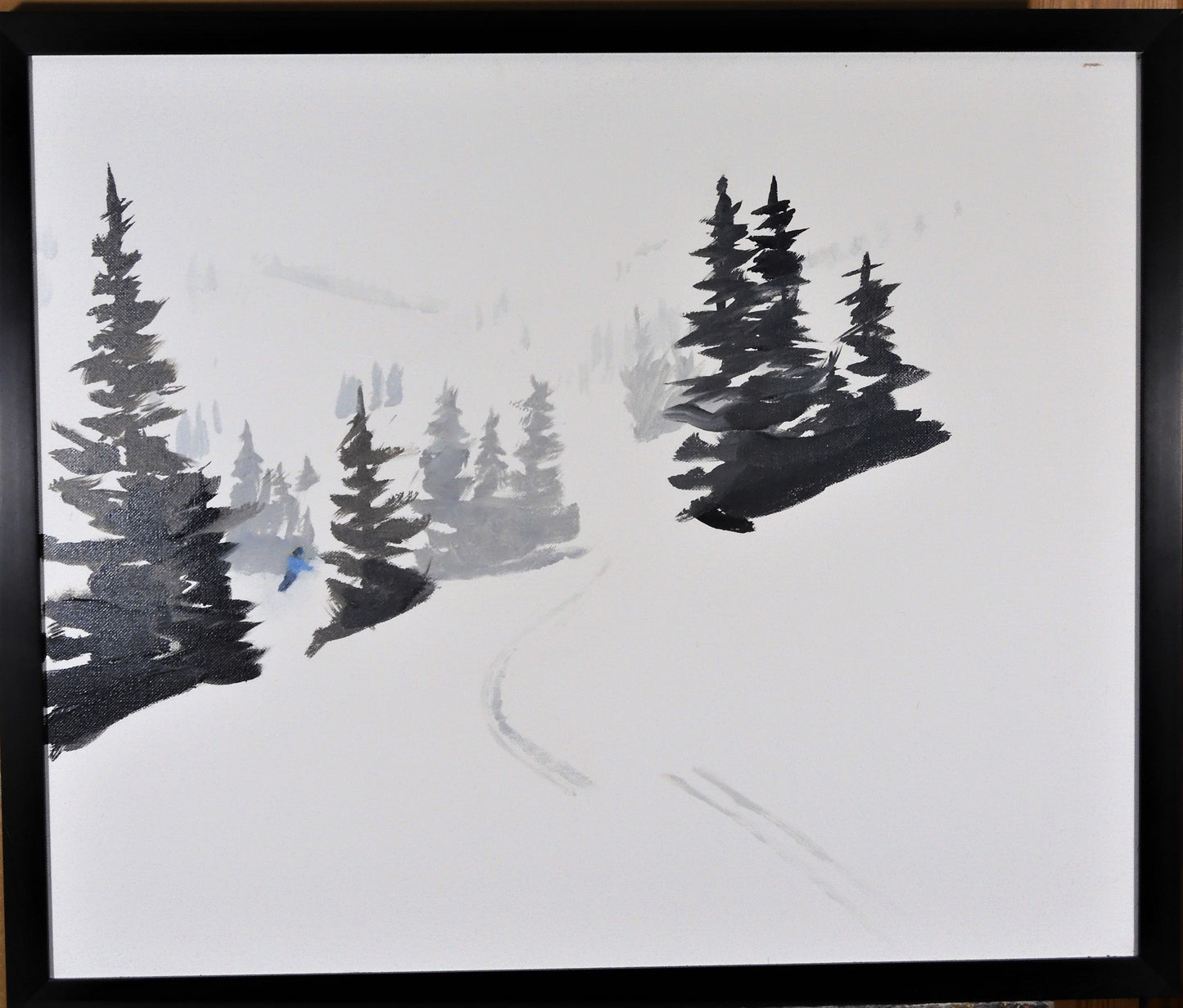" Quiet Turning " Framed Original Oil Painting Artist: Jon Madsen Original oil painting Skier in a snowy landscape with pine trees 24" long x 20" high framed original oil painting Framed in a black frame D-ring and wire on the back for hanging Laramie, Wyoming Artist Please note item is an original from the artist From the artist: I was interested in the feeling of the winter landscape with its skier disappearing into snow and silence