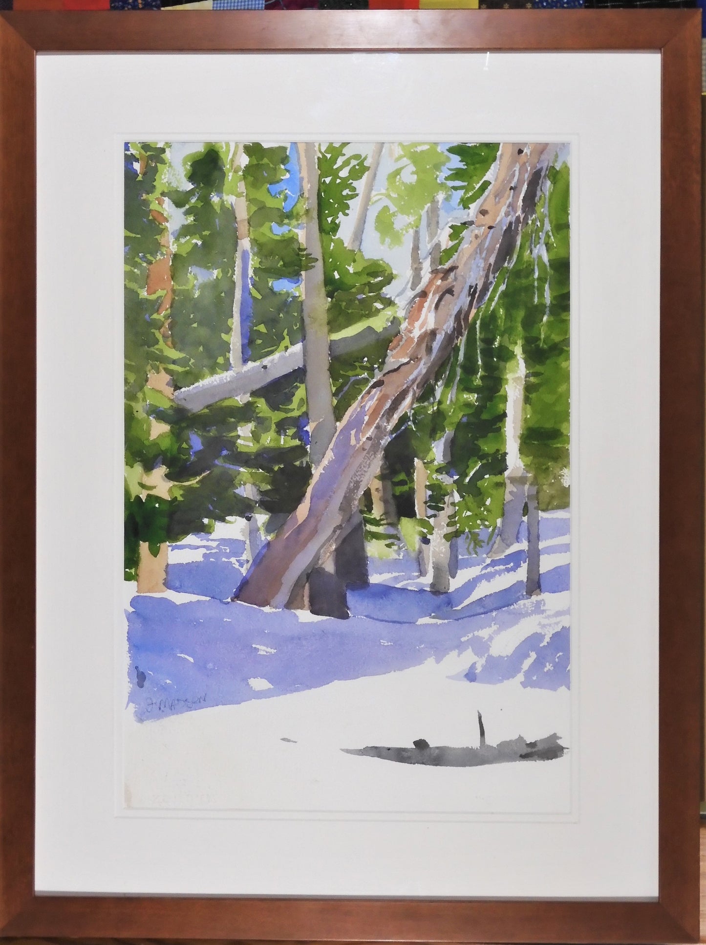 " Spring Light " Framed Original Watercolor Painting Artist: Jon Madsen Original watercolor painting Snow covered forest with shadows 14" long x 21" high original watercolor 22" long x 29" high framed Framed in a wooden frame D-ring and wire on the back for hanging Please note item is an original from the artist From the artist: I was looking at the broken light in the forest
