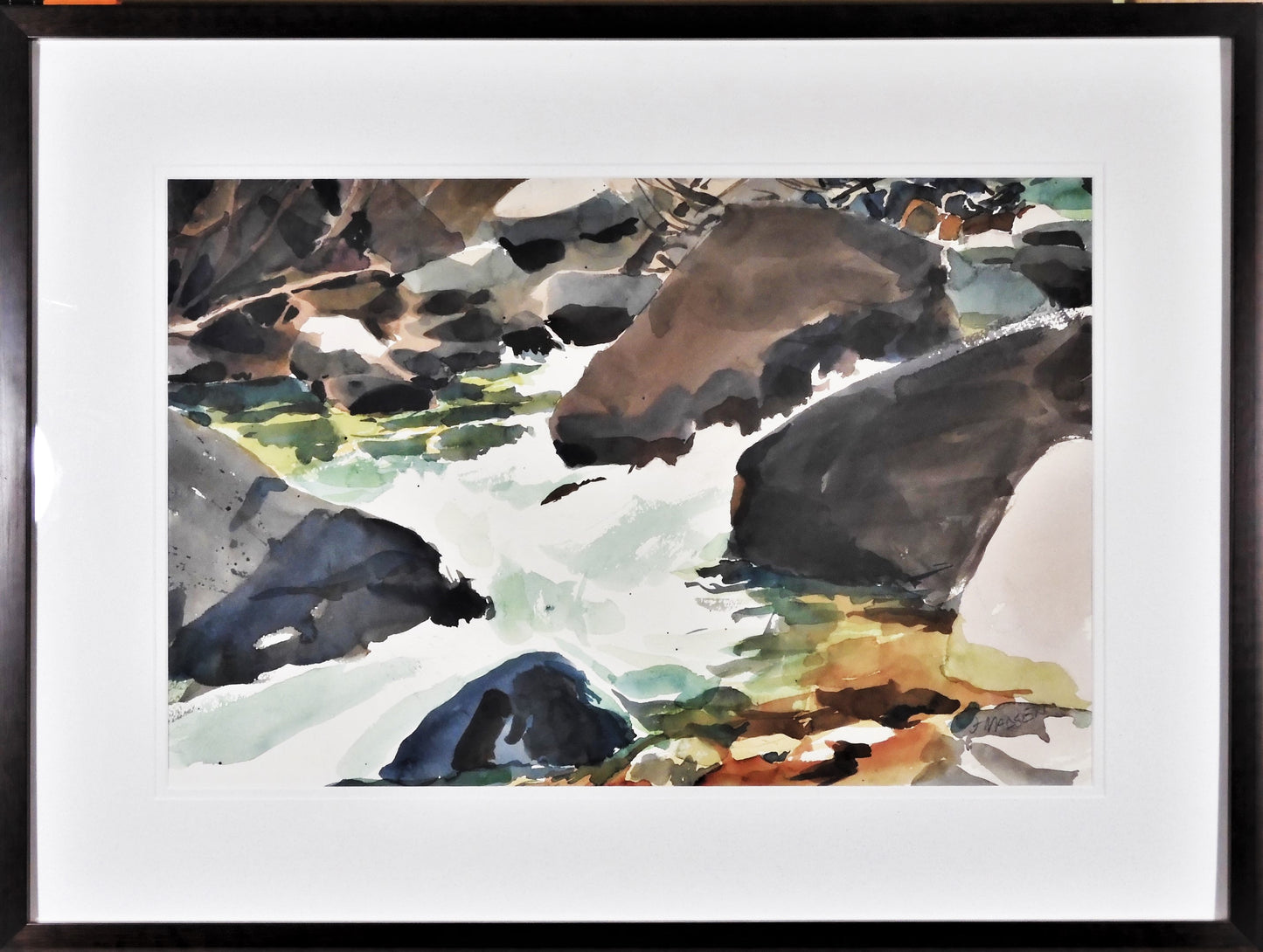 " Turbulance " Framed Original Watercolor Painting Artist: Jon Madsen Original watercolor painting High water in a stream from the Spring runoff 21" long x 14" high original watercolor 29" long x 22" high framed Framed in a dark wooden frame D-ring and wire on the back for hanging Please note item is an original from the artist From the artist: The excitement and power of rushing water