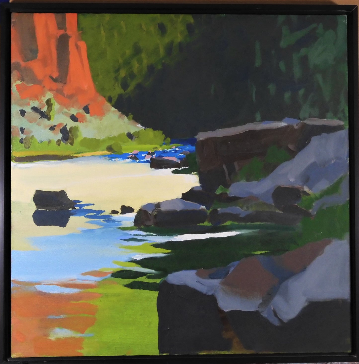 Original oil painting Bright reflecting cliff in river 20" long x 20" high original oil 21" long x 21" high framed Framed in a dark wooden frame D-ring and wire on the back for hanging Please note item is an original from the artist From the artist: Darkness is taking over the canyon, North Platte River, Wyoming . I usually take this as a sign to start back.