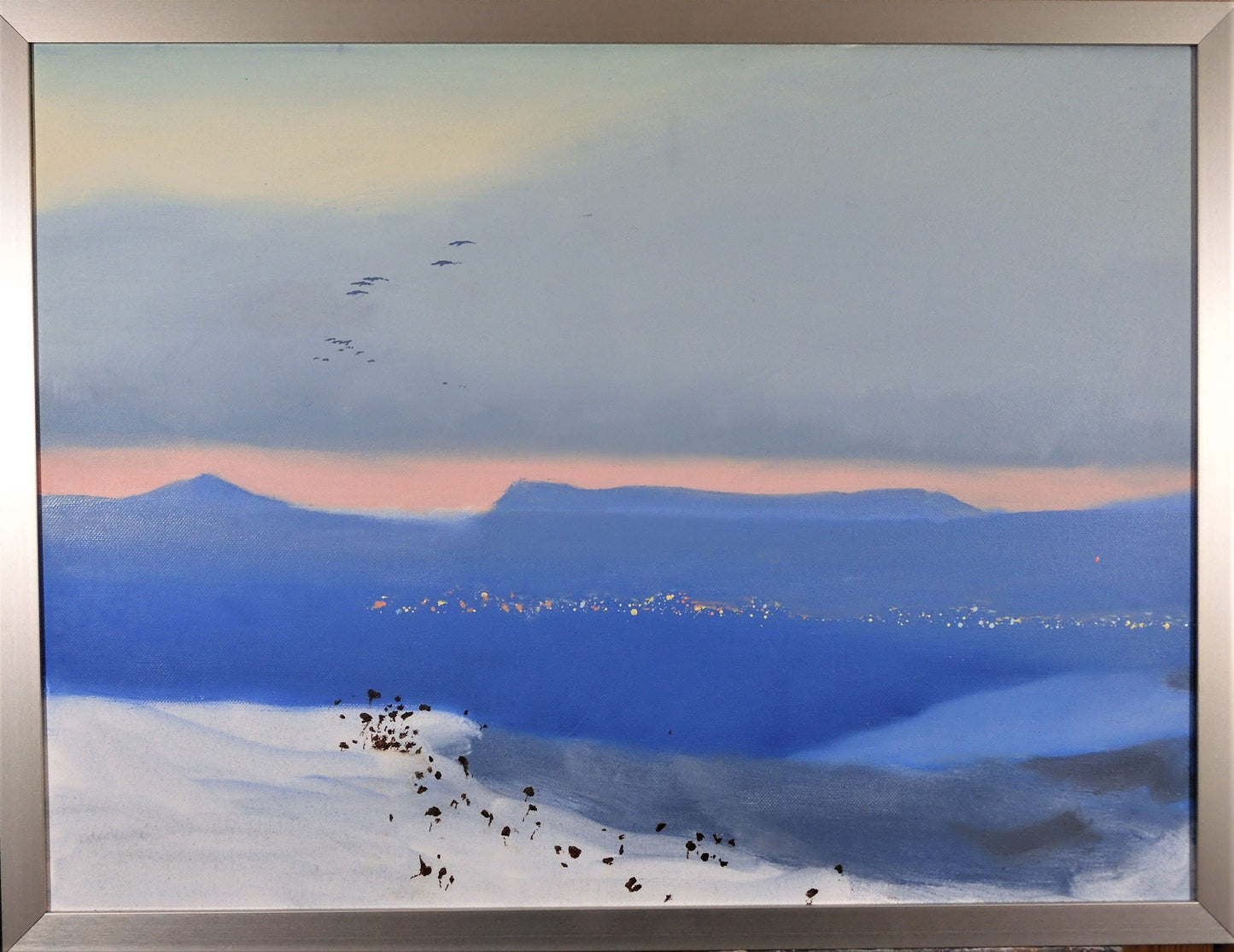 Oil Painting Artist: Jon Madsen Original oil painting Bright reflecting cliff in river 24" long x 18" high original oil 25" long x 19" high framed D-ring and wire on the back for hanging Please note item is an original from the artist From the artist: "Returning to Laramie on a wet day" Winter snow on the left side, Mountains and pink sky. Original oil