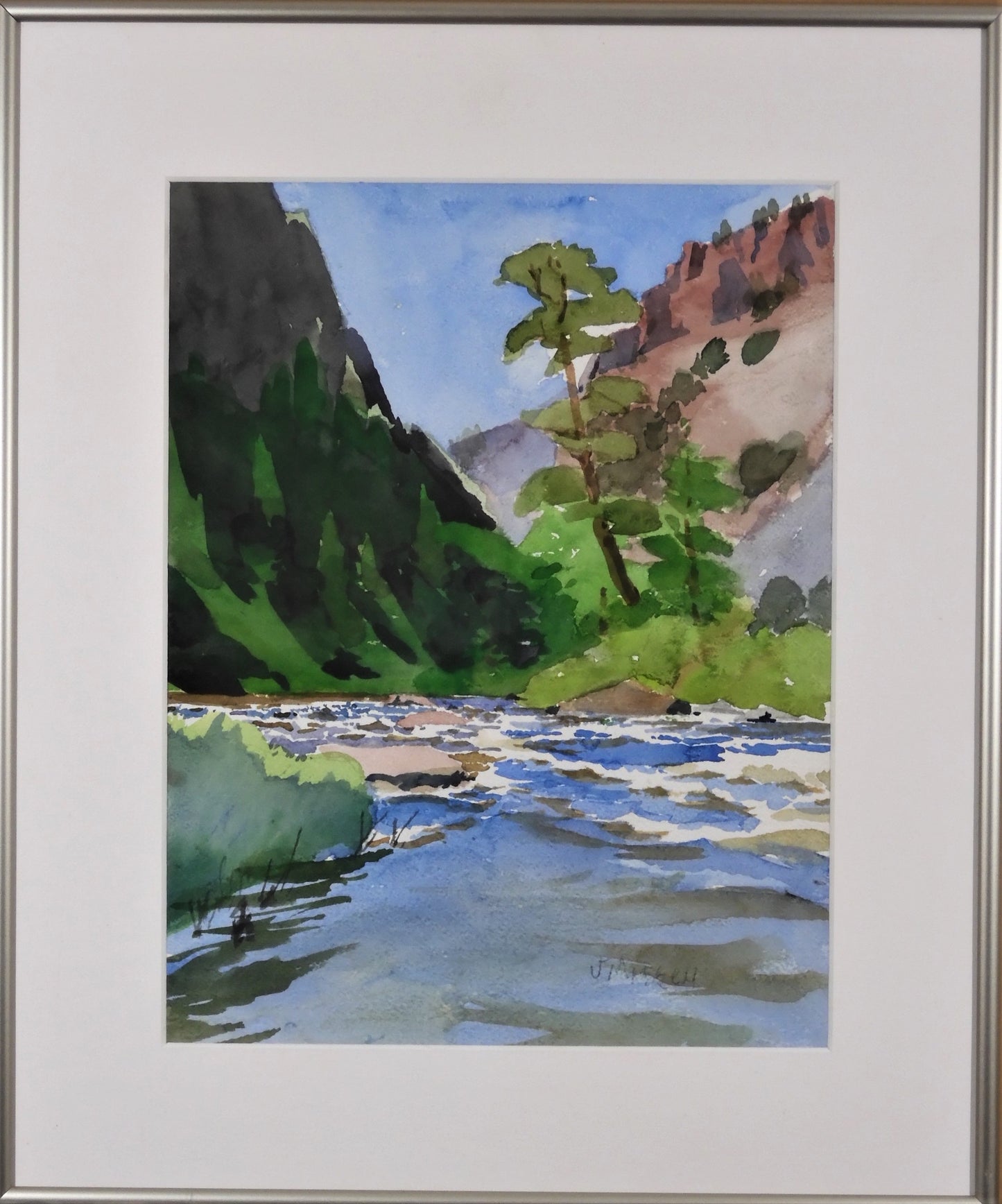 Original Watercolor Painting Artist: Jon Madsen Original watercolor painting North Platte River, just inside the Colorado state line Leaning pine 15" long x 18" high original watercolor 13" long x 19" high framed Narrow silver metal frame D-ring and wire on the back for hanging Please note item is an original from the artist From the artist: Down River – " The water gathering speed and breaking white as it enters Northgate canyon, Platte River. "