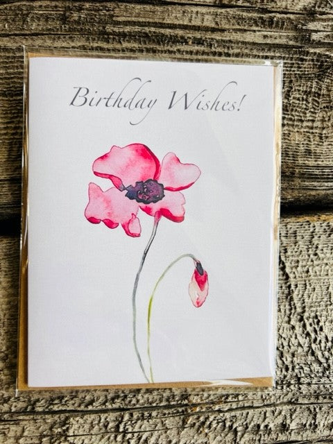 " Birthday Wishes Poppies " Watercolor Card Pack of 4