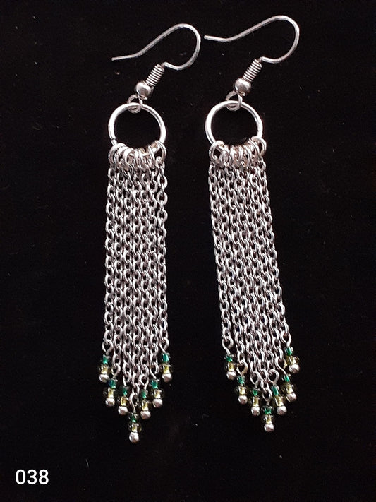 Earrings - Chain with Green Beads