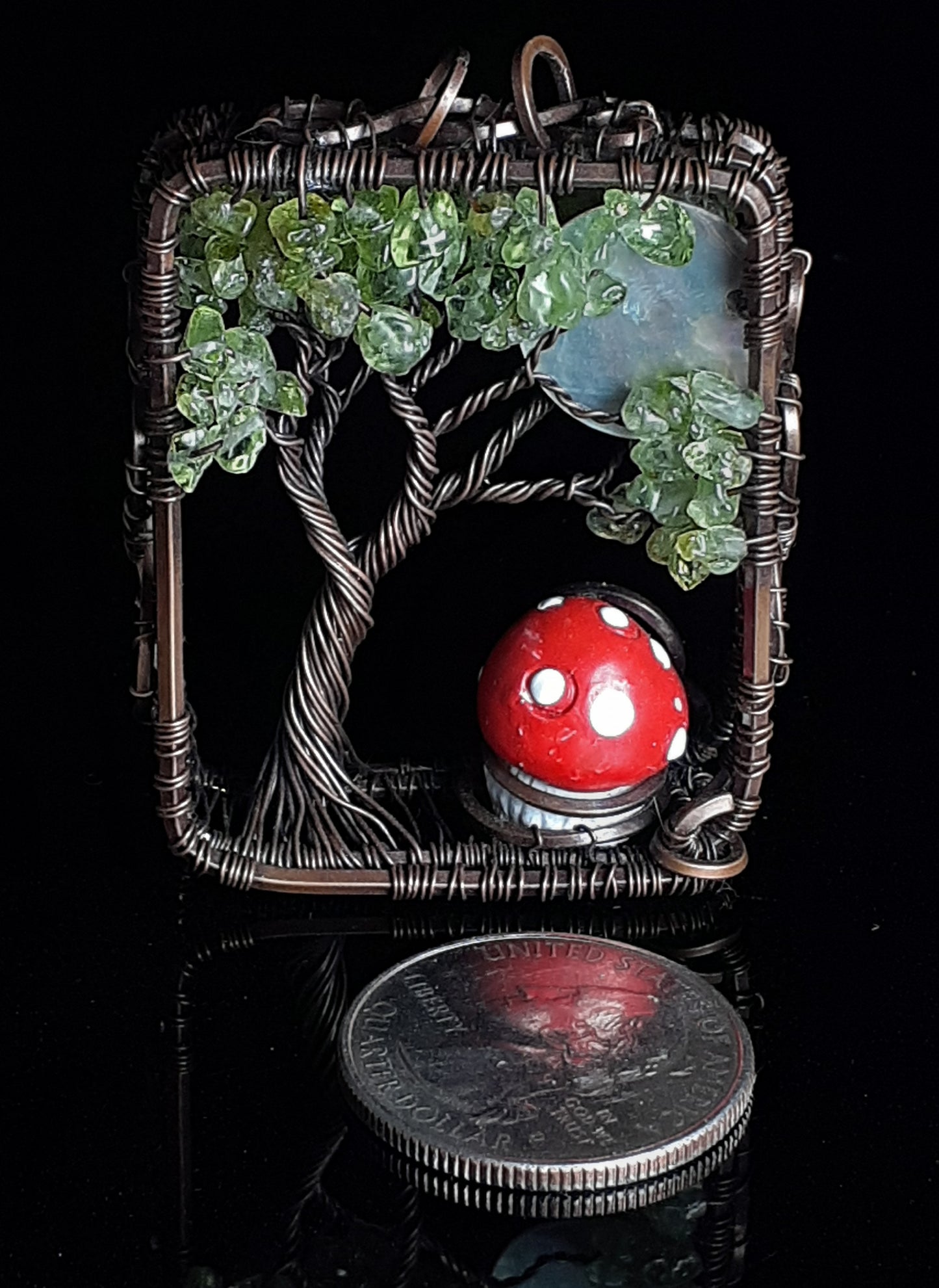 Peridot bead tree leaves and Mother of Pearl moon with cute little mushroom on the ground  3-D pendant in oxidized copper