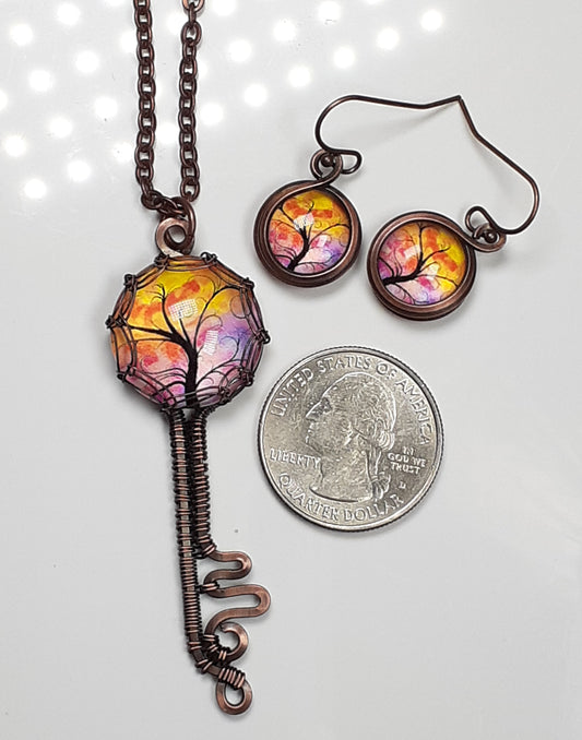 Necklace and Earring Set - Copper Tree Of Life Key
