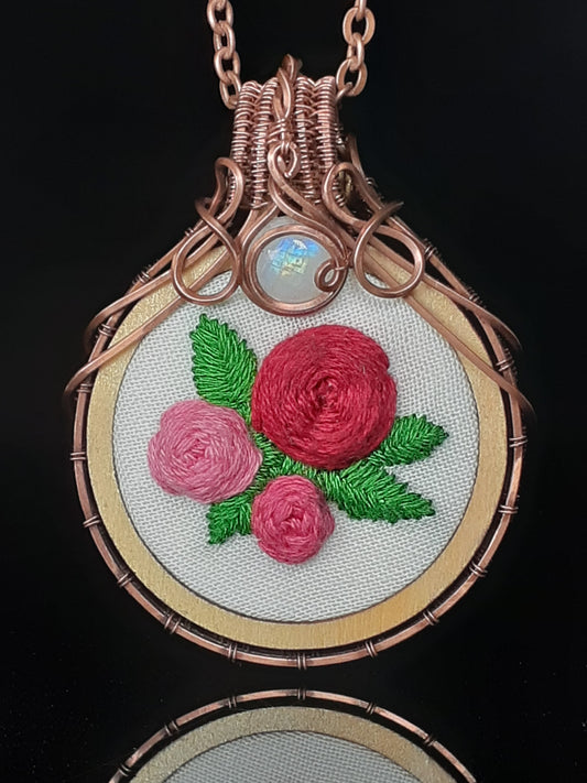 Necklace - Embroidered Rose And Moonstone Pendant