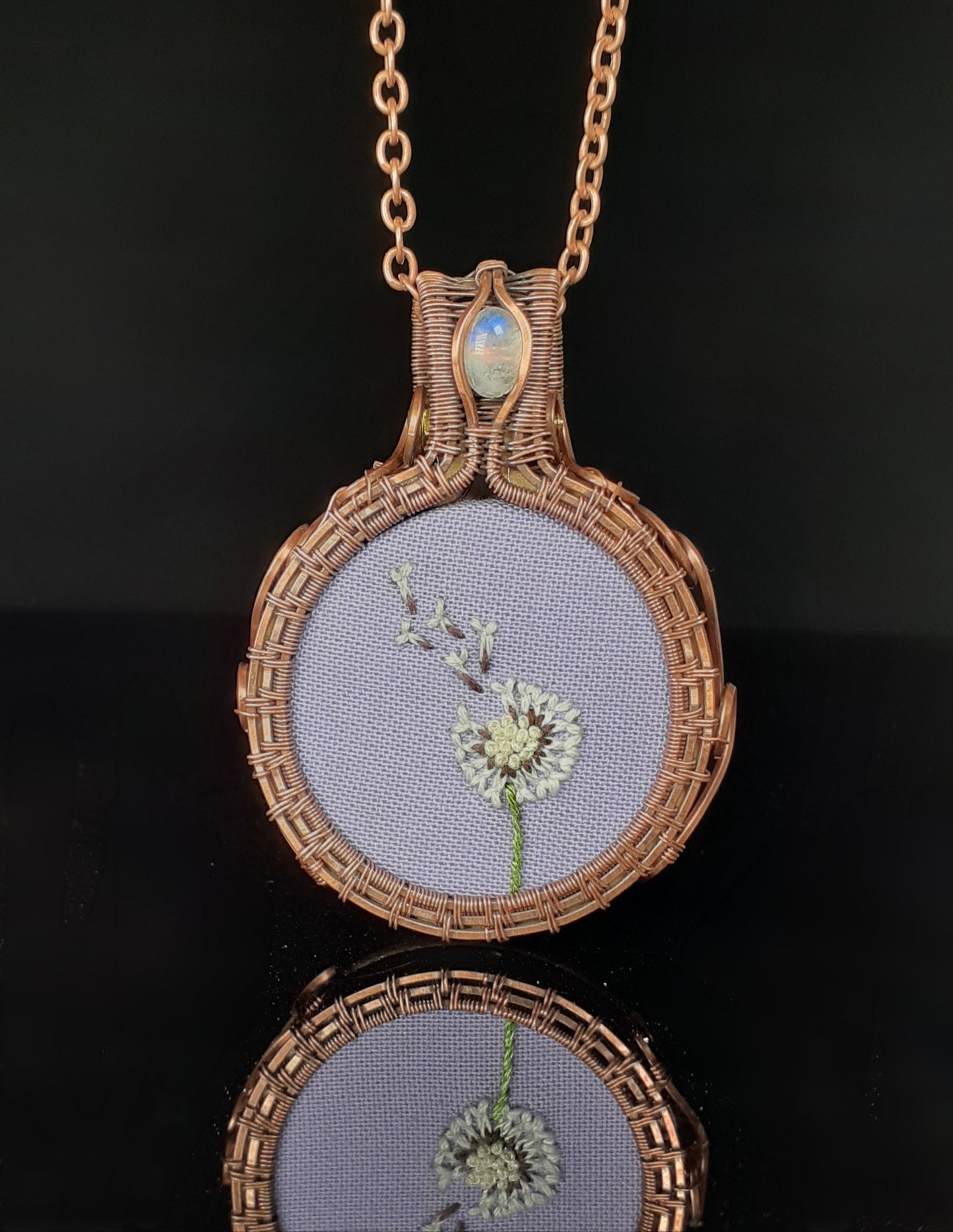 Embroidered Dandelion And Moonstone Pendant