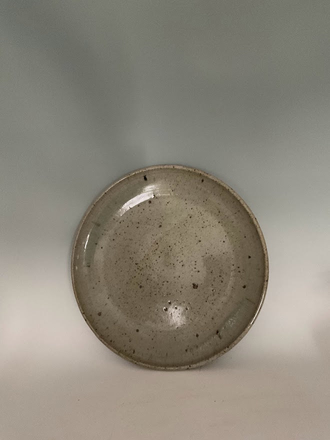 Speckled Gray 13" Stoneware Platter Muffy Moore: Ceramic Potter Hand thrown stoneware platter Gray glaze with dark brown speckles 13" across x 2" tall Perfect for serving during family gatherings