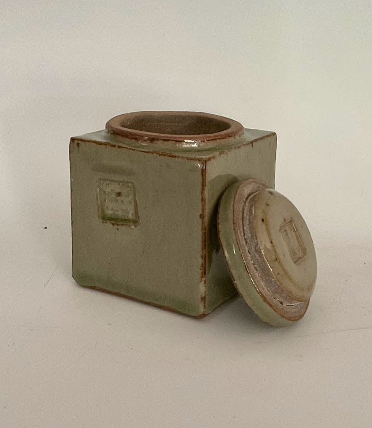 Small Square Chun Green Glazed Lidded Jar With Stamp