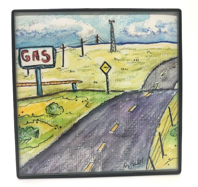  " Gas Stop " Original Miniature Watercolor Painting Artist: Nancy Marlatt    Original hand painted miniature watercolor painting  Framed with a small, affordable frame for wall or table top display  4" long x " high x 1/4" wide   Old highway road with an old fashioned "GAS" sign  In the background are power lines and a windmill  Pasture grass with blue skies and fluffy white clouds  Please note, each art piece is hand created by the Artist , with a slight variation between each piece