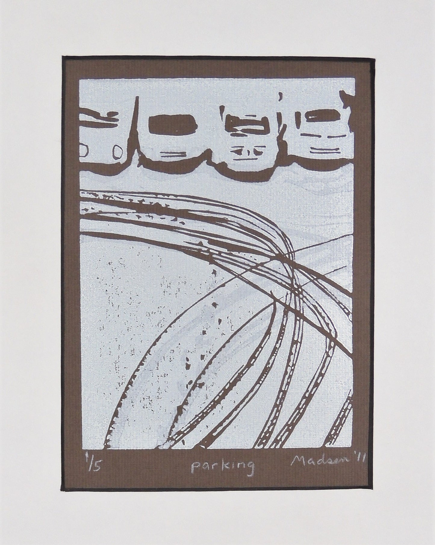 " Parking " Matted Original Relief Print Artist: Ginnie Madsen Parked cars with tire tracks in the snow 1 1/2" white matting around the relief print 4 1/2" long x 6" high print only 6" long x 8" high printed on brown paper 8" long x 10" high x 1/16" wide as matted Ready for a frame Original Relief print Print # 1 of