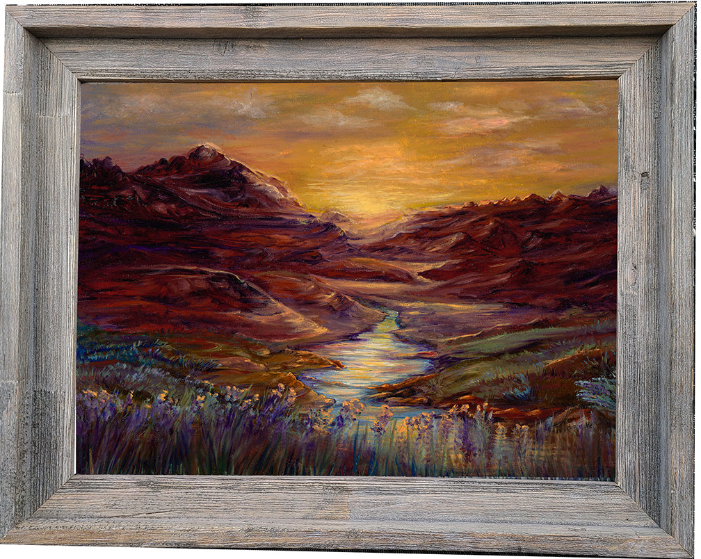 "Sunset Blvd" Framed Original Oil on Canvas Artist: Melonie Jones Beautiful mountain stream set against a sunset sky 12" X 16" picture 19" Long X 15" Wide X 3/4" Deep Rustic frame with gray accents Would look great on the wall or on an easel on the fire place Please note, each piece is custom designed by the Artist , with a slight variation between each piece