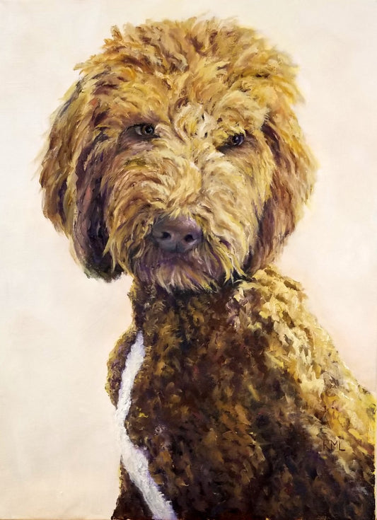 Beautiful Goldendoodle dog will draw you in with it's eyes  Blank card with envelope  Image from an original oil painting by the artist  5" long x 7" high  The original was hand painted by the artist and is printed on the card 