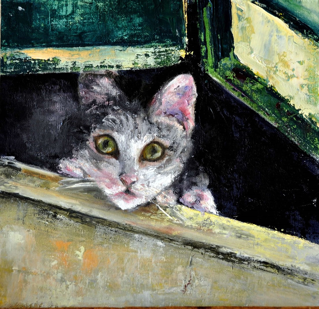 Gray and white cat looking out from the shutters of a window Blank card with envelope Image from an original oil painting by the artist 5" long x 7" high The original was hand painted by the artist and is printed on the card