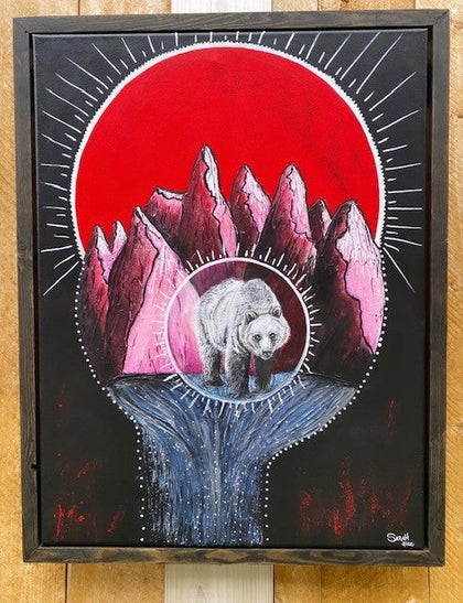 SunFire Grizzly, original by Sarah Alice Art. On display at the Laramie, Wyoming Chamber of Commerce on Adams St. Available through Works of Wyoming in Laramie.