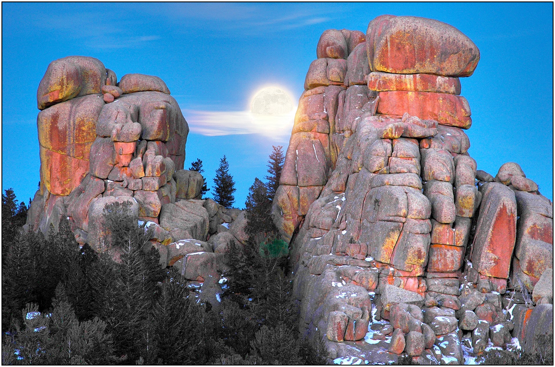 Moonrise over the Vedauwoo rock formations in south east wyoming. " Brady Rocks Moonrise " Greeting Card  Artist: Rick Walters  Moon rise over the Vedauwoo rock formations in south east Wyoming  Photo of Brady Rocks in December  Light snowfall is visible on the ground  5" x7" note card  Envelope included, blank inside