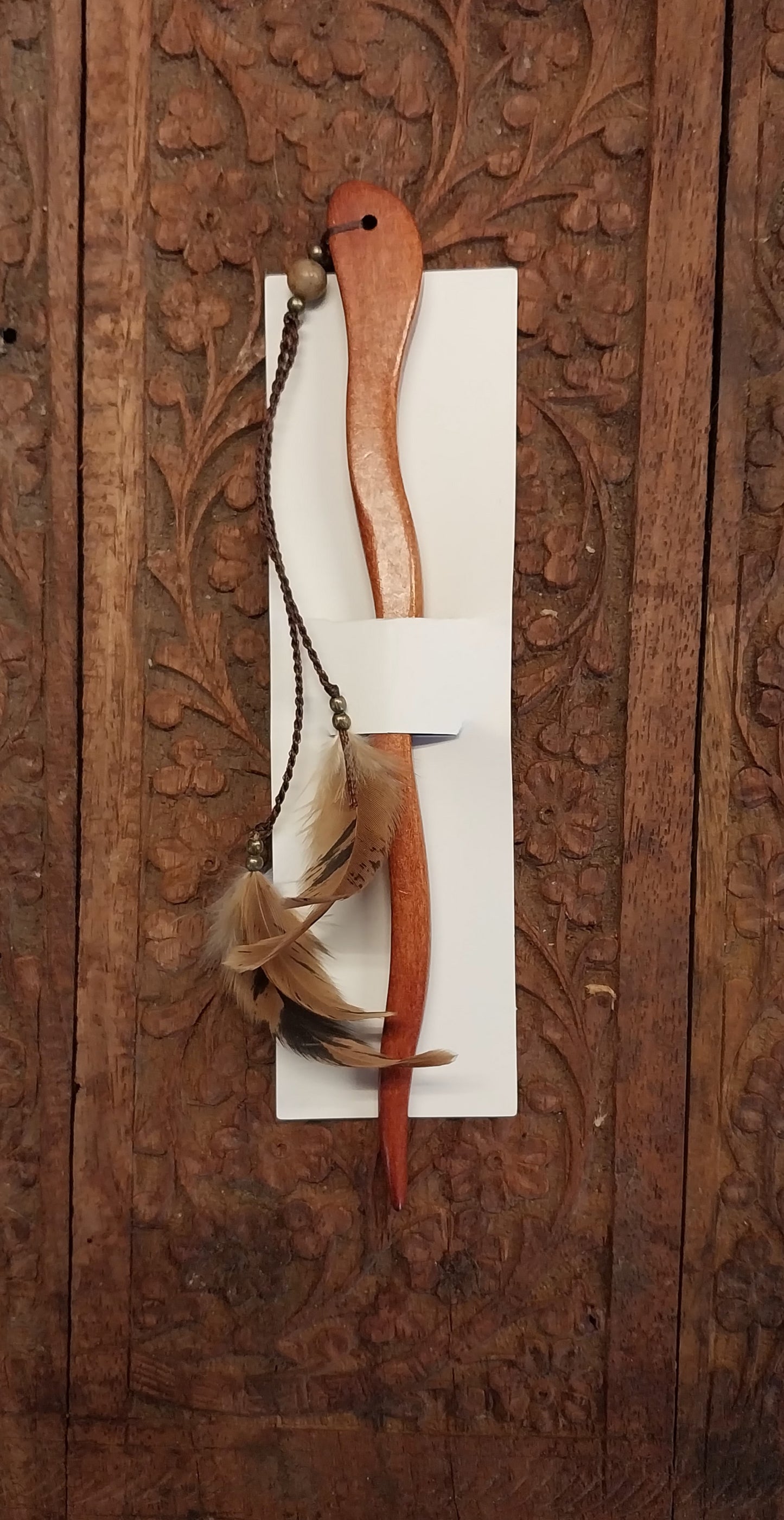 Light Brown Carved Wooden Hair Stick with Pheasant Feather