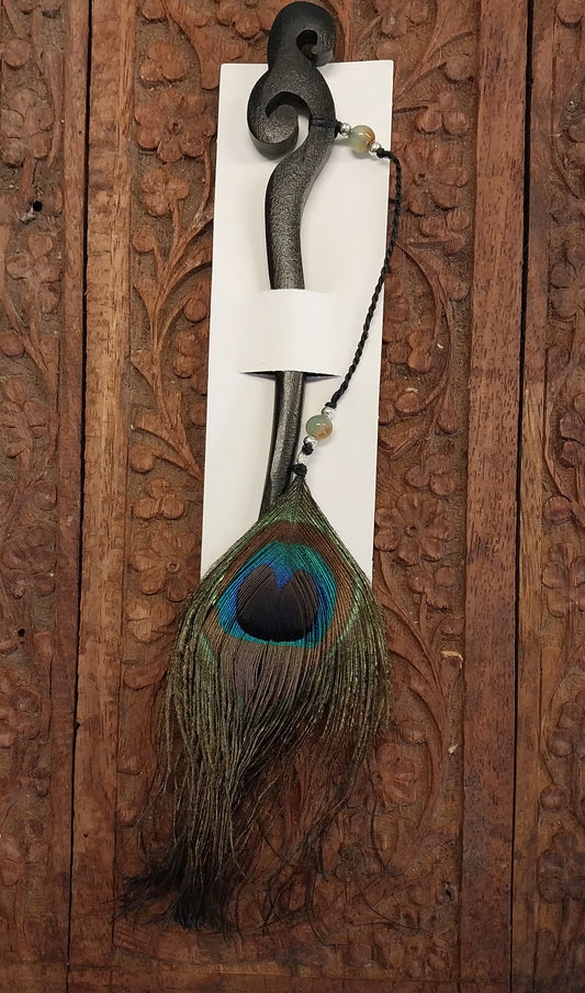 Black Carved Spiral Wooden Hair Stick with Peacock Feather