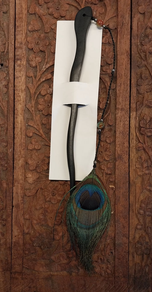 Black Carved Wooden Hair Stick with Peacock Feather